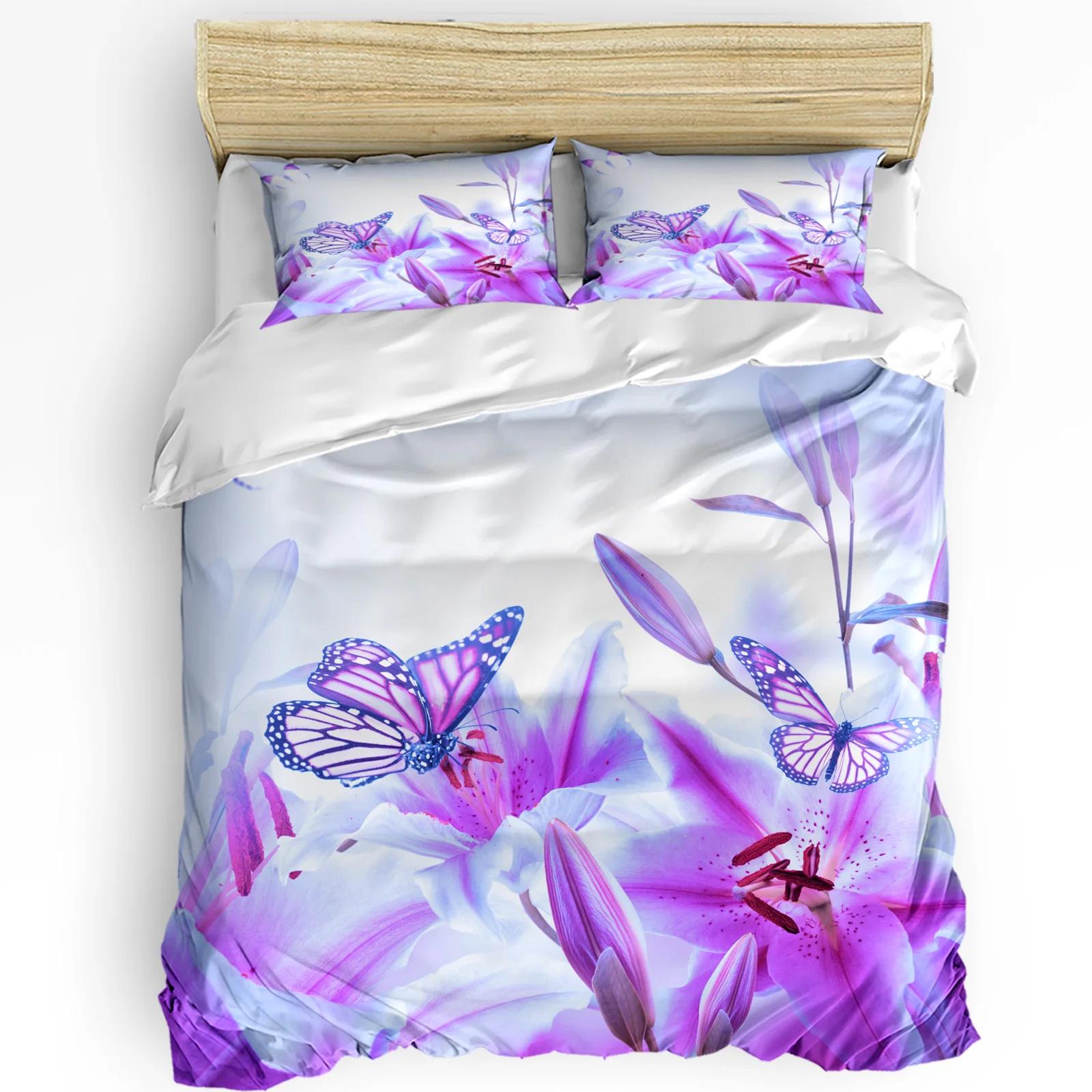Purple Butterfly Lily Flower Bedding Set 3pcs Duvet Cover Pillowcase Kids Adult Quilt Cover Double Bed Set Home Text